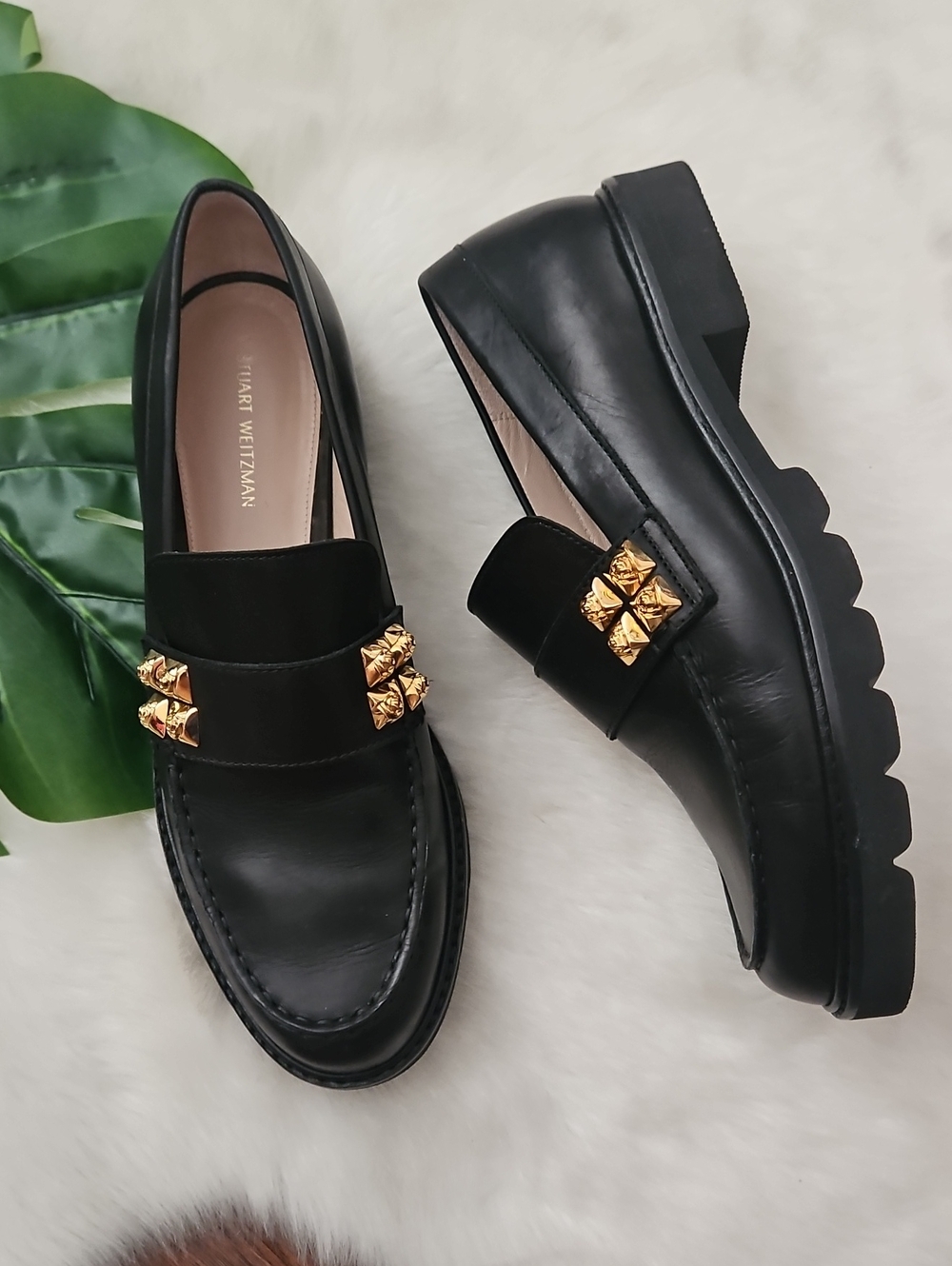 Stuart Weitzman Black Leather Loafers with Gold Stud Detailing
